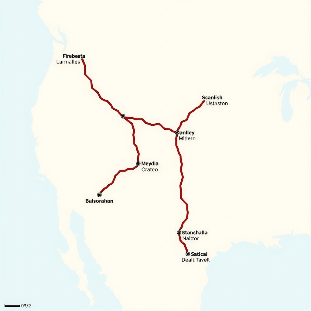 Карта США с отмеченными маршрутами путешествий